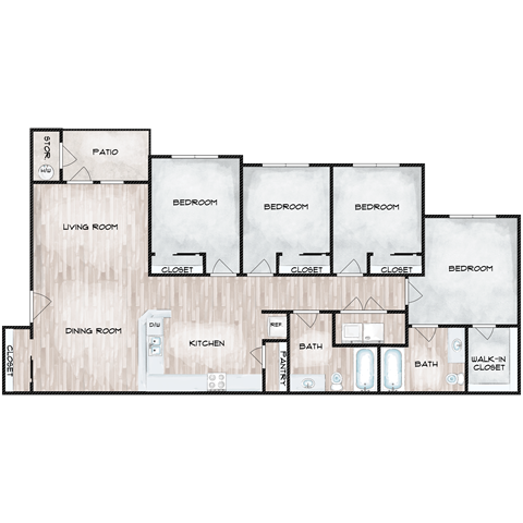 Floor plan for 4 beds, 2 baths, 1322 sqft